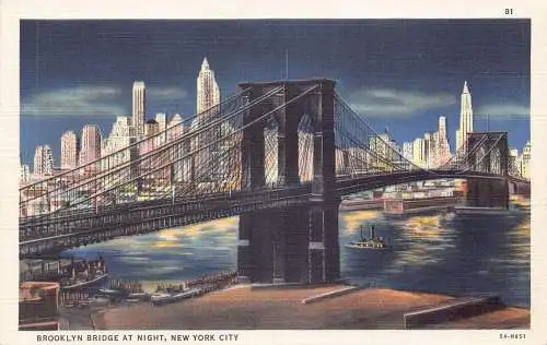 B029 US New York City Brooklyn Bridge at Night Vintage Postkarte