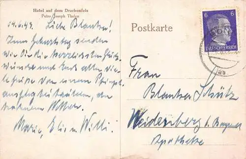 B022 Deutschland 1943 Gruss vom Drachenfels Hotel Vintage Postkarte