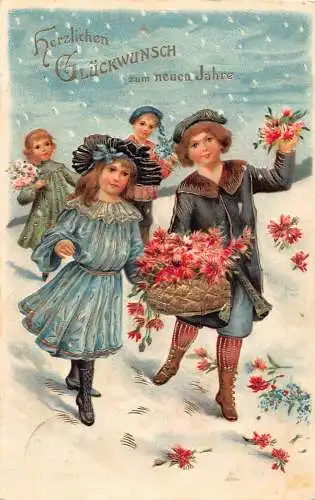 L190 Neujahrsgrüße 1906 Kinder Blumenkorb geprägte Postkarte
