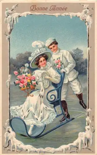 L190 Neujahrsgrüße 1910 Paar Schlitten Schlittschuh Rosen geprägte Postkarte