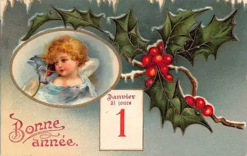 L179 Neujahrsgrüße 1907 Mädchen Heiliger Baum Fantasy Litho Vintage Postkarte