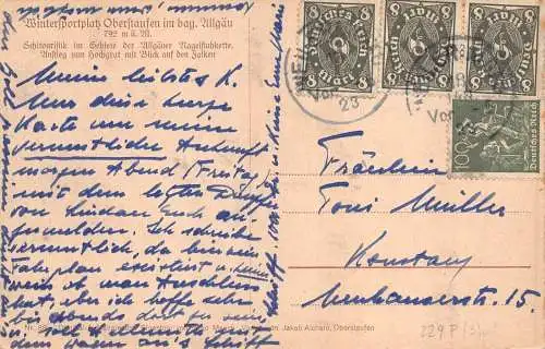 Deutschland 1923 Oberstaufen im Bayr Allgäu Wintersport Skifahren Postkarte