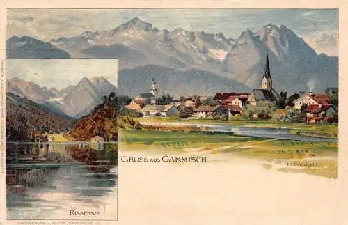 Deutschland 1907 Gruss aus Garmisch Rissersee Kunst signiert H Deuehert Postkarte
