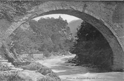 Italien Meran Meran 1908 Steinerner Steg mit Zenoburger Brücke Vintage Postkarte