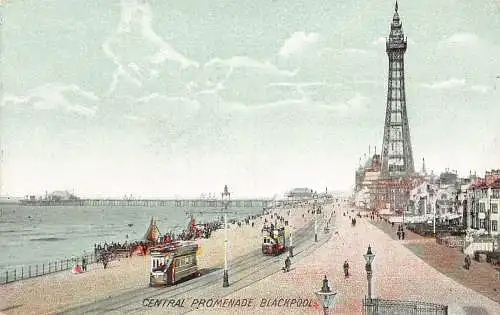 England Blackpool Central Promenade Trams Tower Vintage Postkarte
