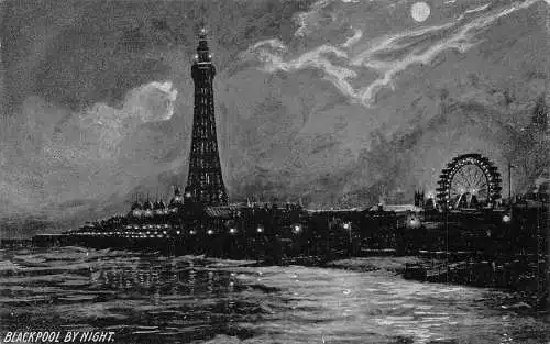 England Blackpool bei Nacht Moonlight Tower Vintage Postkarte
