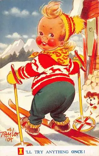 Bamforth Comic Humor Mädchen Skifahren Hund Ich werde alles einmal ausprobieren Postkarte
