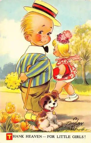 Bamforth Comic Junge Blumenstrauß Hund Danke Himmel für kleine Mädchen Postkarte