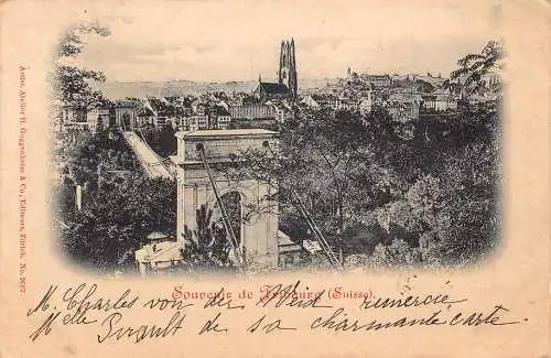 Schweiz 1899 Souvenir de Fribourg Brücke Vintage Postkarte