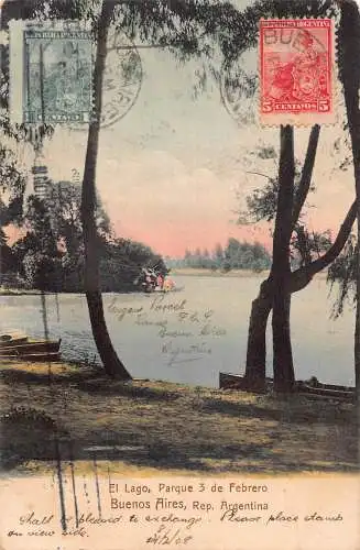 B034 Argentinien 1908 El Lago Parque 3 de Febrero Buenos Aires Vintage Postkarte
