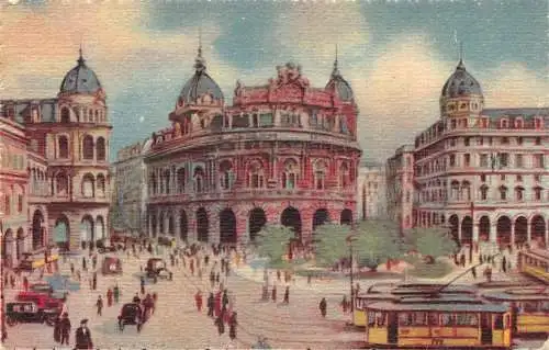 Italien Genua Genua Piazza de Ferrari Nuova Borsa Credito Italiano Straßenbahn Postkarte