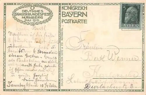 Deutschland 1912 Deutsches Saengerbundes Fest Nürnberg Reiter Flagge Adv Postkarte