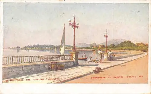 B035 Griechenland 1930 Promenade de Garitza Corfou Kunst Vintage Postkarte