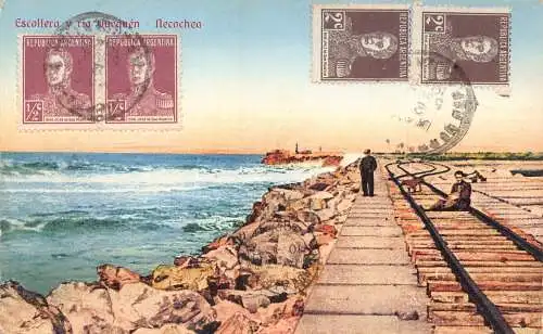 B037 Argentinien Escollera y ria Quequen Necochea Eisenbahn 1925 Vintage Postkarte