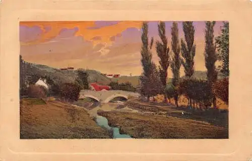 B037 Argentinien Dorf bei Sonnenuntergang Passepartout Vintage Postkarte