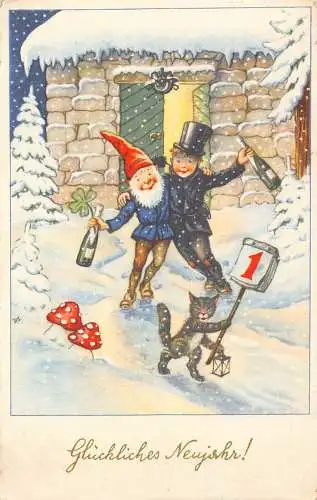 Neujahr 1951 Elfenjunge Champagner Kleeblatt vermenschlichtes Katzenpilz Schnee Postkarte