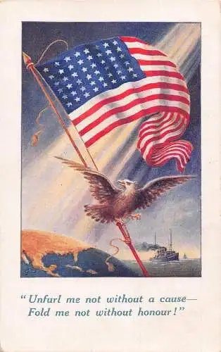 US Adler mit amerikanischer Flagge Ehrenzitat Dampfschiff Erde Vintage Postkarte