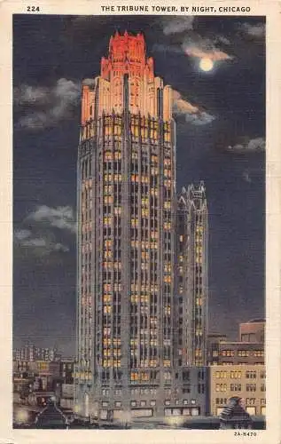 USA 1935 Illinois Chicago The Tribune Tower bei Nacht Mondlicht Vintage Postkarte