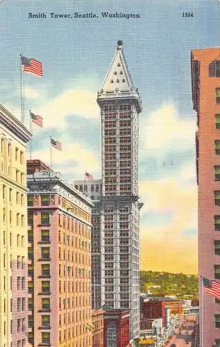 USA 1950 Smith Tower Seattle Washington Flaggen Vintage Postkarte