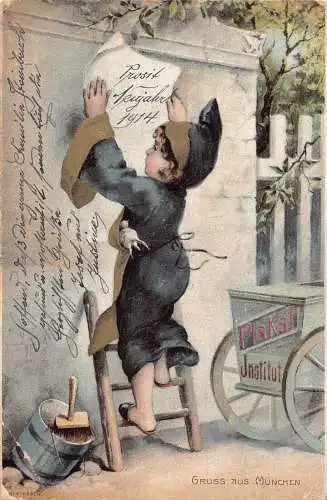 Neujahrsgrüße 1914 Malerjunge Gruss aus Muenchen PlaKat Institut Postkarte