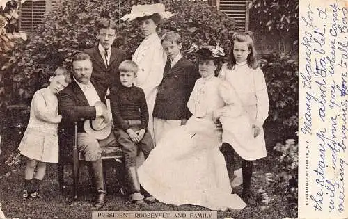 B039 Politiker 1906 US-Präsident Roosevelt und Familie Vintage Postkarte