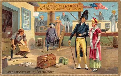 B039 US Dock Landung auf dem Clermont Steamer Paar Flagge geprägte Postkarte