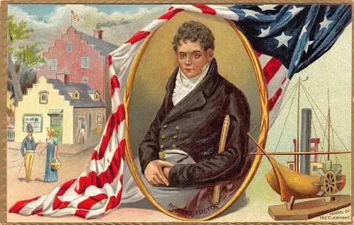 B039 Portrait Robert Fulton Erfinder von Steamboat US Flagge geprägte Postkarte