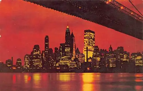 USA 1966 Nachtansicht der Lower Manhattan Wolkenkratzer New York City Postkarte