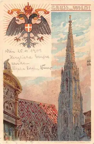 Österreich Gruss aus Wien Dom Turm Wappen Vintage Postkarte
