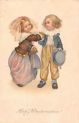 Abschiedsgrüße 1913 formell gekleidet Kinder Händeschütteln Vintage Postkarte
