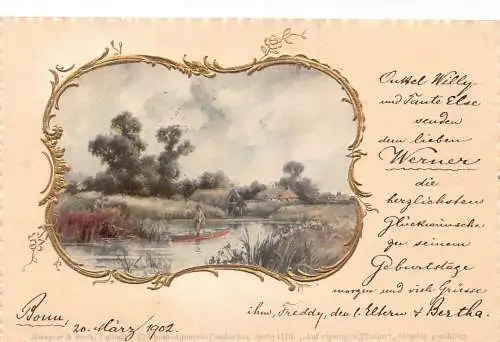 Bootsmann auf Seenlandschaft Passepartout Goldener Rahmen 1902 Postkarte