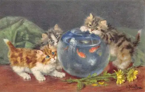 Kunst signiert D Merlin 1949 Katzen Fisch Napf Gänseblümchen Blumen Vintage Postkarte