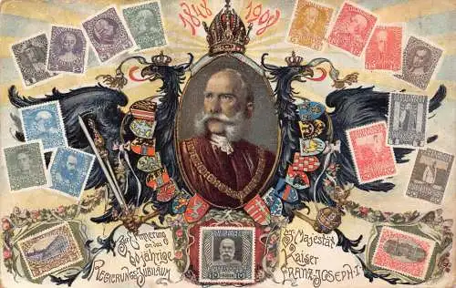 Kaiser Franz Josef 1908 60 Jahre Herrschaft Briefmarken Wappen Postkarte
