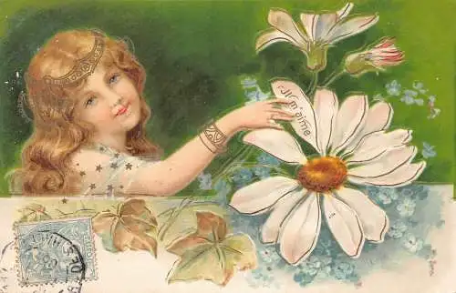 L093 Frankreich Grüße 1905 Mädchen Gänseblümchen Blumen Jugendstil Prägepostkarte