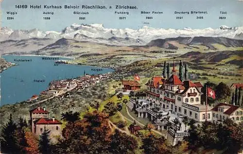 Schweiz 1913 Hotel Kurhaus Belvoir Rueschlikon Zuerichsee Berg Postkarte