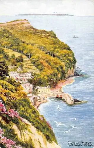 England Clovelly Harbour und Lundy Island Vintage Postkarte