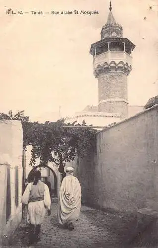 Tunesien Tunis Rue Arabe und Moschee Vintage Postkarte