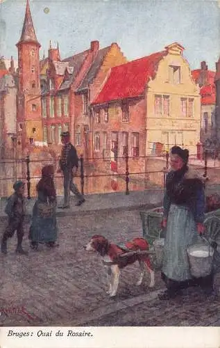 Belgien Brügge Quai du Rosaire Hundewagen Milchverkäufer Kunst Vintage Postkarte