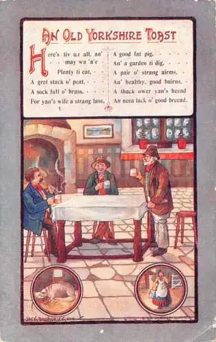 Old Yorkshire Toast 1911 Männer trinken Pfeife rauchen Schwein Bauer Gedicht Kunst Postkarte