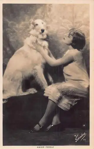 Echt Foto Elegantes Mädchen Streicheln Windhund Hund Vintage Postkarte