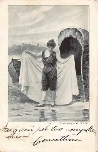 Kunst Frau am Strand im Badeanzug Handtuch Stuhl Lounge Vintage Postkarte