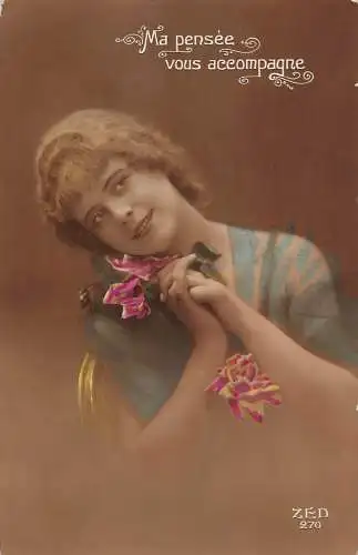 Ma Pensee vous Begleitmädchen denkt an Liebhaberrosen Vintage Postkarte