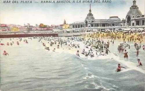 B037 Argentinien Mar del Plata Rambla Bristol a la Hora del Bano Vintage Postkarte