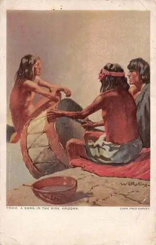 B043 Ethnische Indianer Ein Lied in der Kiva Arizona Mann spielt Trommel Postkarte