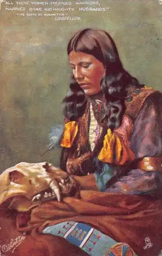 B042 Indianerin 1906 Totenkopf Lied von Hiawatha Kunst Vintage Postkarte