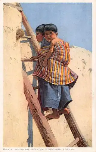 B042 US Ethno Taking Elevator In Hopiland Arizona Native Boys Ladder Postkarte