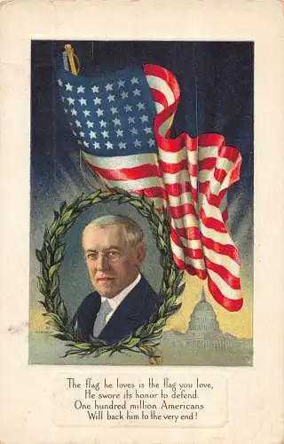 B041 US Propaganda Woodrow Wilson Präsident Flagge Gedicht Vintage Postkarte