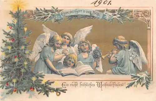 B044 Weihnachtsgrüße 1901 Tannenbaum Engel betende Trompete Kerzen Postkarte