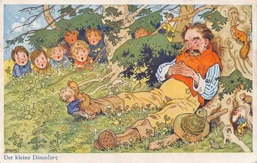 B044 Märchen Fantasy Kleiner Daumen Tom kämpft schlafender Oger Mann Kind Postkarte