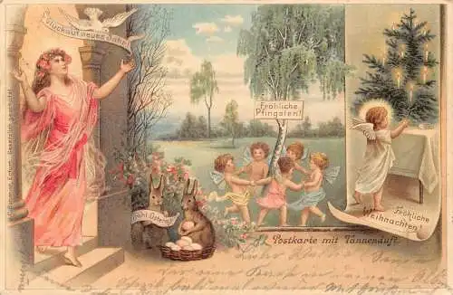 B044 Ostern Weihnachten Neujahr 1902 Cherubs Baum Humanisierte Hasen Taube Postkarte